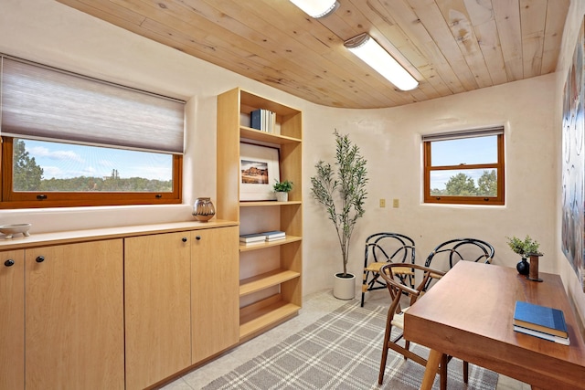 dining space featuring built in features and wood ceiling
