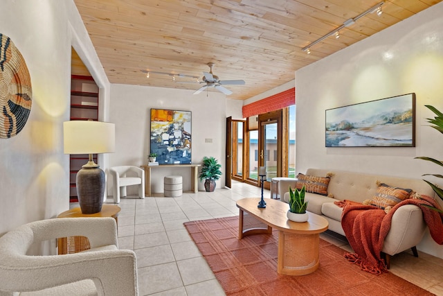 tiled living room featuring track lighting, wooden ceiling, and ceiling fan