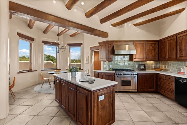 kitchen with wall chimney range hood, decorative backsplash, beam ceiling, high end stainless steel range oven, and black dishwasher