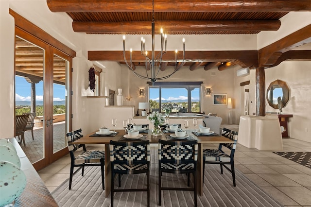 tiled dining room featuring french doors, wooden ceiling, beam ceiling, and a chandelier
