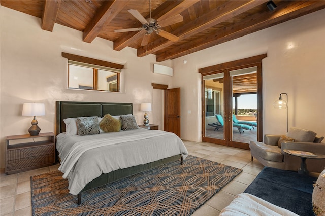 bedroom with wooden ceiling, access to outside, beamed ceiling, and light tile patterned floors