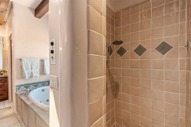full bath with vanity, a whirlpool tub, beamed ceiling, and tiled shower