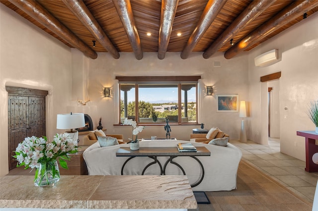 living room with wood ceiling, tile patterned floors, and beamed ceiling
