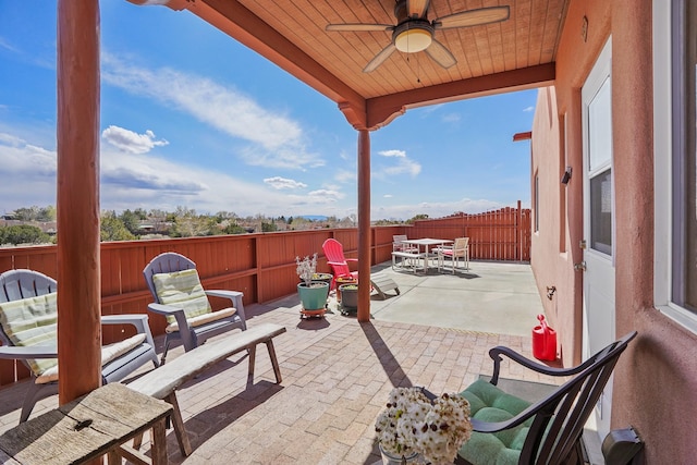 view of patio / terrace featuring a fenced backyard, a ceiling fan, and outdoor dining area