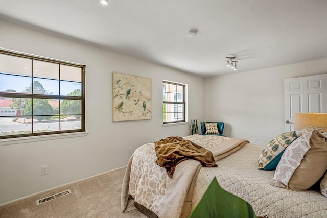 bedroom featuring baseboards, carpet flooring, and visible vents