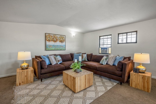 living area featuring cooling unit, lofted ceiling, baseboards, and light carpet