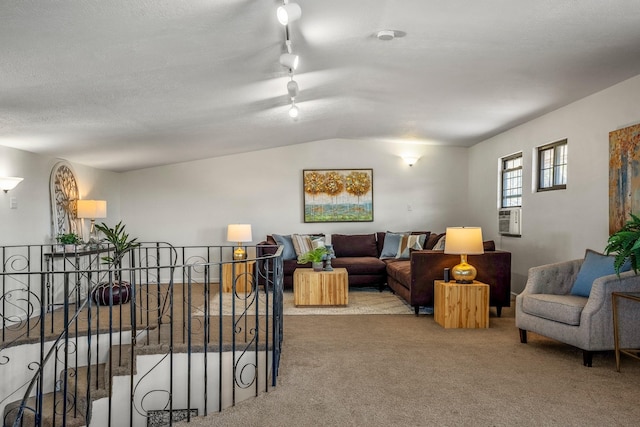 living room with rail lighting, vaulted ceiling, and carpet flooring