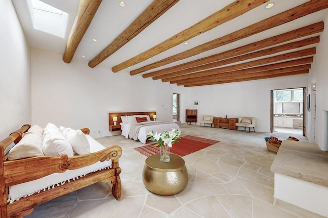 living area with a skylight, beam ceiling, carpet flooring, and recessed lighting