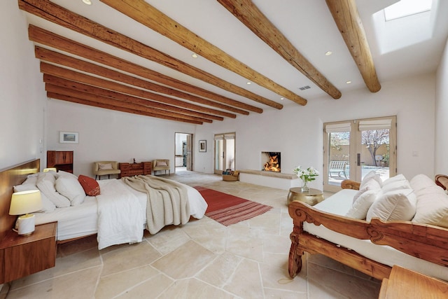 bedroom with recessed lighting, visible vents, beamed ceiling, a skylight, and access to outside