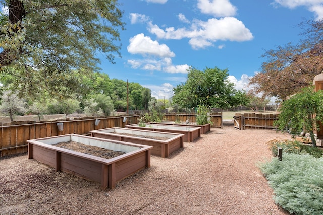deck with a fenced backyard and a vegetable garden