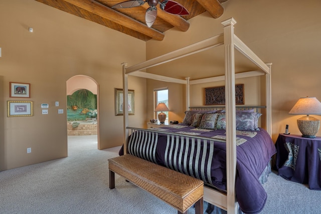 21 Canada Vista Dr, Sandia Park, NM 87047 - bedroom featuring ceiling fan, carpet floors, and beamed ceiling
