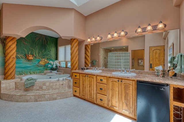 21 Canada Vista Dr, Sandia Park, NM 87047 - bathroom with a tile shower, a garden tub, a sink, and double vanity
