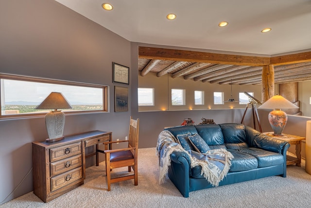 21 Canada Vista Dr, Sandia Park, NM 87047 - living room with light carpet, beam ceiling, recessed lighting, and a healthy amount of sunlight