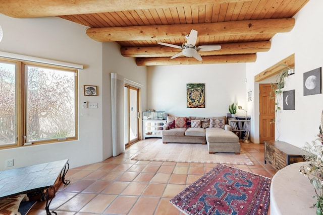 living room featuring light tile patterned flooring, beam ceiling, wooden ceiling, and ceiling fan