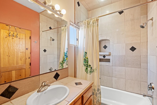 full bath with vanity and shower / tub combo with curtain