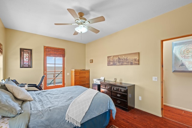 bedroom with baseboards, a ceiling fan, and wood finished floors