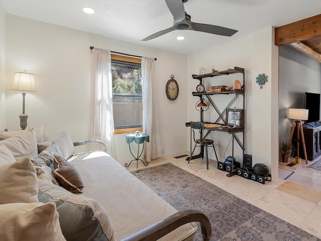 tiled bedroom featuring a ceiling fan and recessed lighting