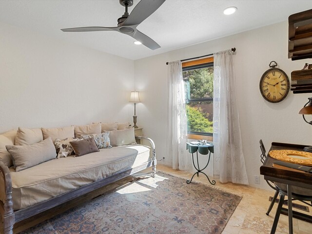 bedroom featuring ceiling fan and recessed lighting