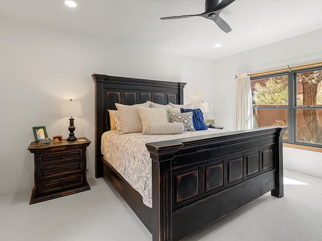 bedroom with a ceiling fan, carpet flooring, and recessed lighting