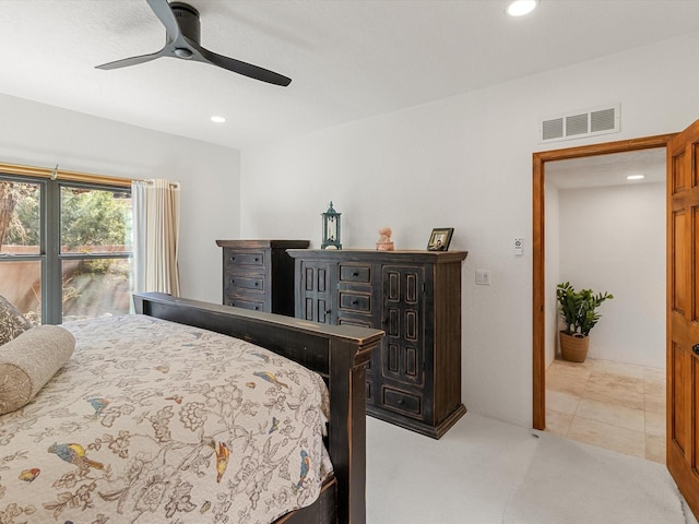 bedroom with recessed lighting, carpet, visible vents, and ceiling fan