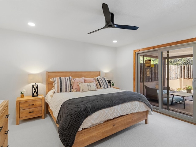 bedroom featuring light colored carpet, ceiling fan, access to exterior, and recessed lighting
