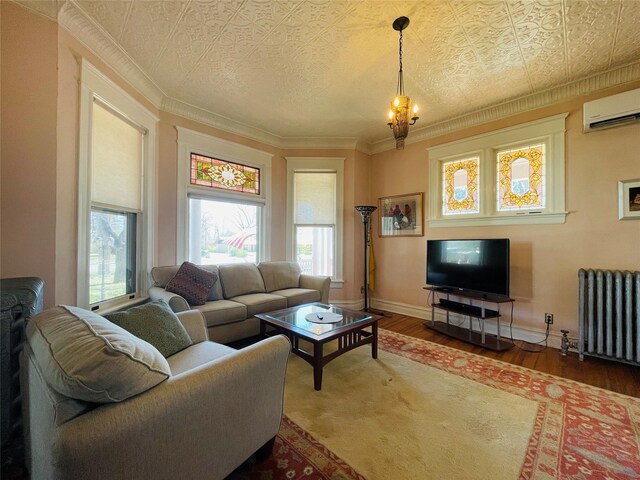1607 8th St, Las Vegas, NM 87701 - living area with radiator heating unit, wood finished floors, a wall mounted AC, baseboards, and ornamental molding