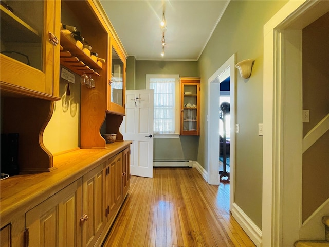 1607 8th St, Las Vegas, NM 87701 - mudroom with baseboard heating, crown molding, light wood finished floors, rail lighting, and baseboards