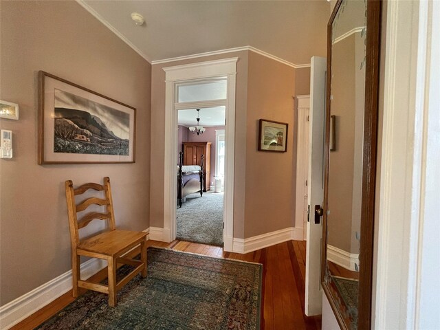 1607 8th St, Las Vegas, NM 87701 - hallway with wood finished floors, crown molding, and baseboards