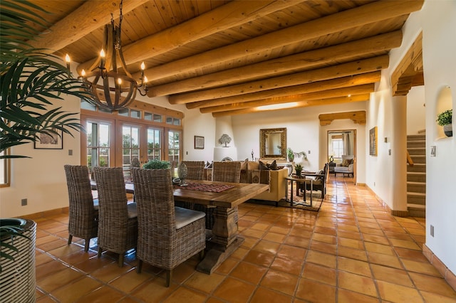 dining area featuring wood ceiling, a healthy amount of sunlight, a chandelier, and beamed ceiling