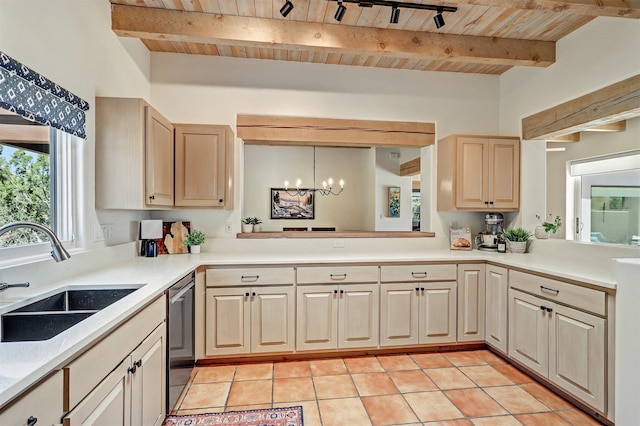 kitchen featuring a sink, an inviting chandelier, light countertops, wood ceiling, and dishwasher