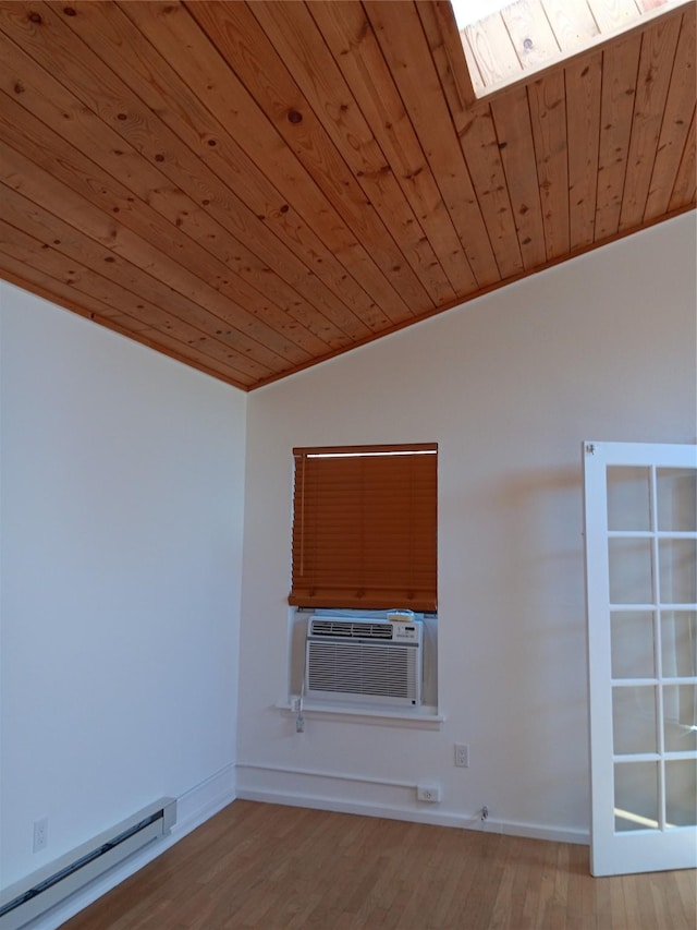 interior details featuring a baseboard heating unit, baseboards, wooden ceiling, wood finished floors, and cooling unit