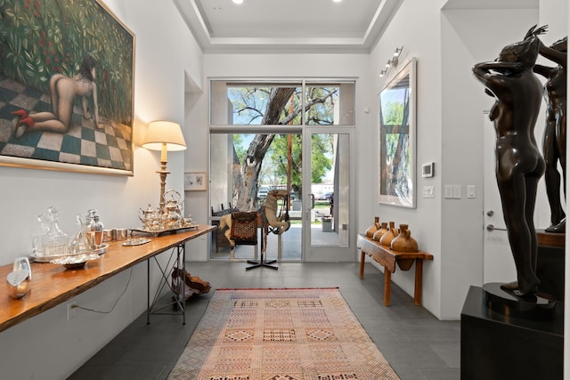 entryway featuring a raised ceiling