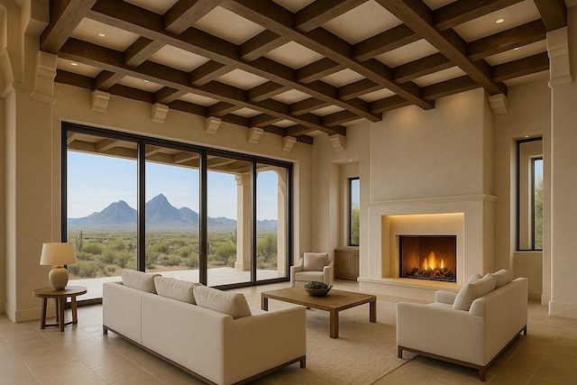 living area with a high end fireplace, a mountain view, a wealth of natural light, and beamed ceiling