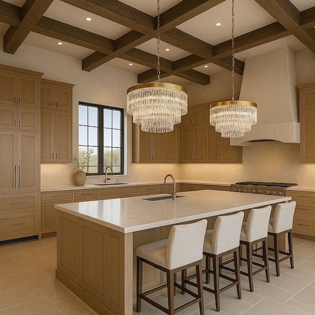kitchen featuring coffered ceiling, an inviting chandelier, and a sink
