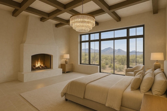 bedroom featuring a chandelier, light tile patterned floors, coffered ceiling, and a mountain view