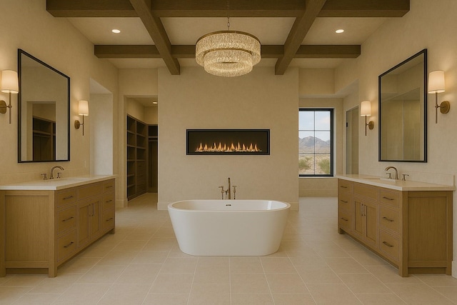 bathroom with beam ceiling, coffered ceiling, tile patterned flooring, and a sink