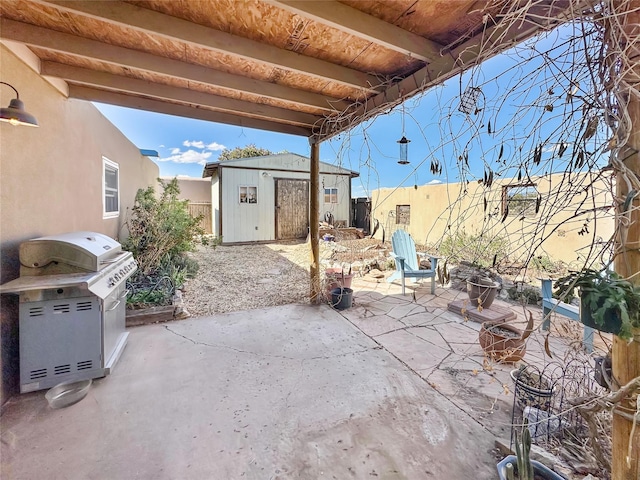 view of patio / terrace with a storage shed, an outbuilding, a fenced backyard, and a grill