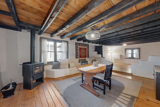 54 County Road B40A, Ribera, NM 87560 - dining space with a wood stove, wooden ceiling with exposed beams, and hardwood / wood-style flooring