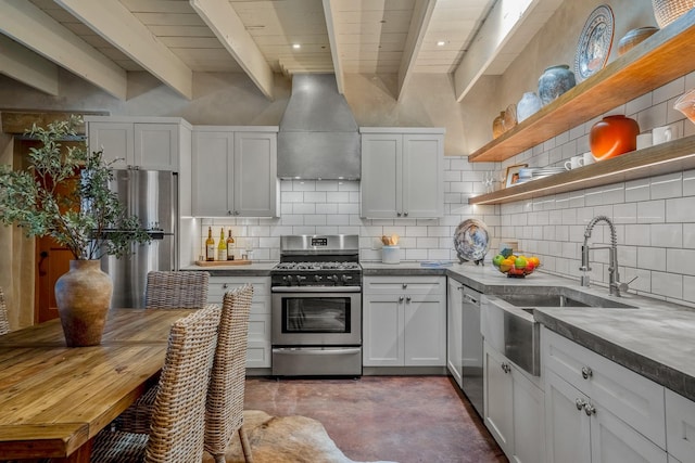 534 Hillside Ave, Santa Fe, NM 87501 - kitchen with open shelves, custom exhaust hood, a sink, appliances with stainless steel finishes, and backsplash