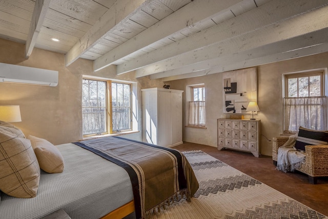 534 Hillside Ave, Santa Fe, NM 87501 - bedroom with wood ceiling, a wall mounted AC, and beamed ceiling
