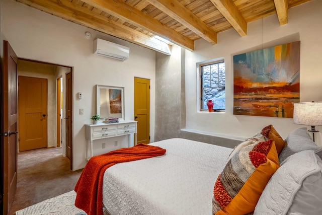 534 Hillside Ave, Santa Fe, NM 87501 - carpeted bedroom featuring an AC wall unit, wooden ceiling, and beamed ceiling