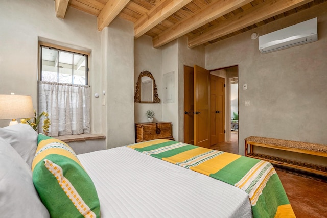 534 Hillside Ave, Santa Fe, NM 87501 - bedroom with wood ceiling, beam ceiling, concrete flooring, and a wall mounted air conditioner