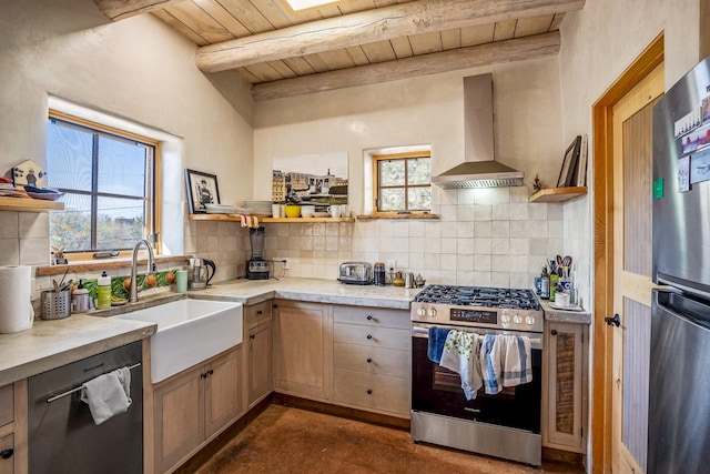 534 Hillside Ave, Santa Fe, NM 87501 - kitchen with wall chimney range hood, wood ceiling, decorative backsplash, a sink, and stainless steel appliances