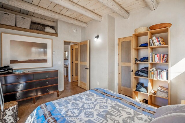 534 Hillside Ave, Santa Fe, NM 87501 - bedroom featuring beam ceiling, wood ceiling, and a towering ceiling