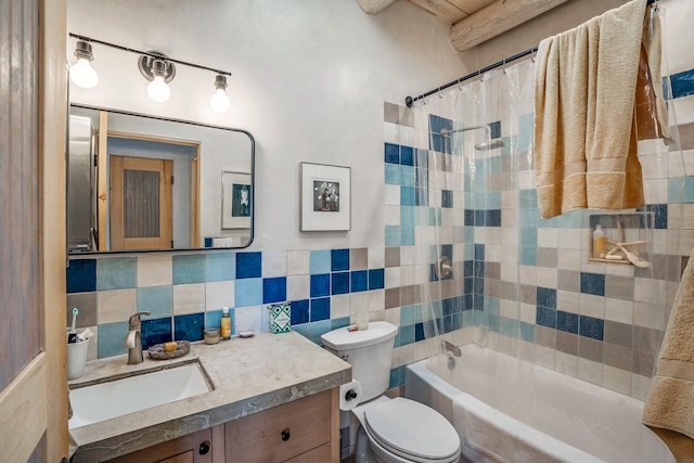 534 Hillside Ave, Santa Fe, NM 87501 - bathroom with vanity, toilet, tile walls, decorative backsplash, and shower / tub combo