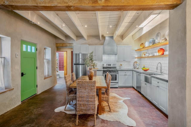 534 Hillside Ave, Santa Fe, NM 87501 - kitchen with white cabinets, tasteful backsplash, finished concrete floors, a sink, and stainless steel appliances