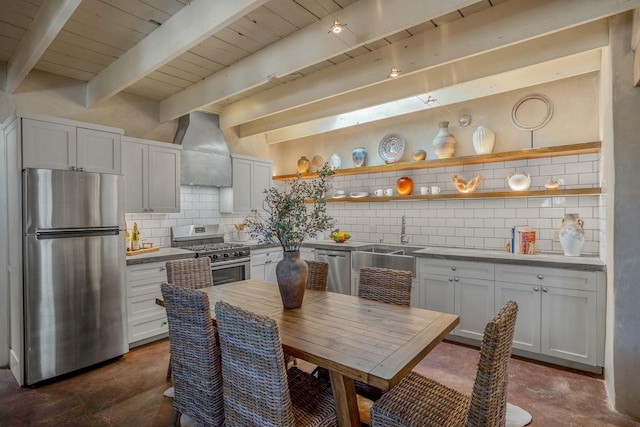 534 Hillside Ave, Santa Fe, NM 87501 - kitchen featuring custom exhaust hood, tasteful backsplash, finished concrete floors, a sink, and appliances with stainless steel finishes