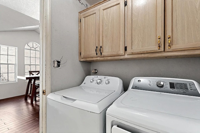 8228 Fairmont Dr NW, Albuquerque, NM 87120 - washroom featuring baseboards, wood-type flooring, cabinet space, and washer and clothes dryer