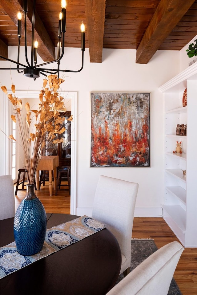 511 Armijo Unit C, Santa Fe, NM 87501 - dining space with a notable chandelier, beam ceiling, baseboards, wood finished floors, and wood ceiling