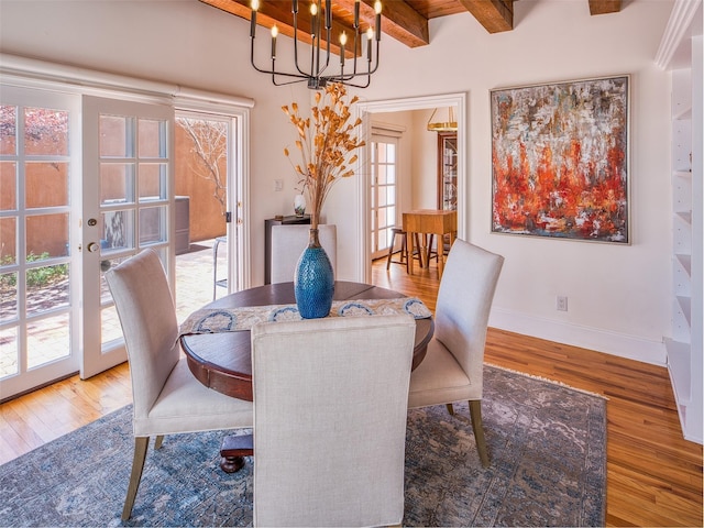 511 Armijo Unit C, Santa Fe, NM 87501 - dining space featuring wood finished floors, beamed ceiling, baseboards, french doors, and a notable chandelier